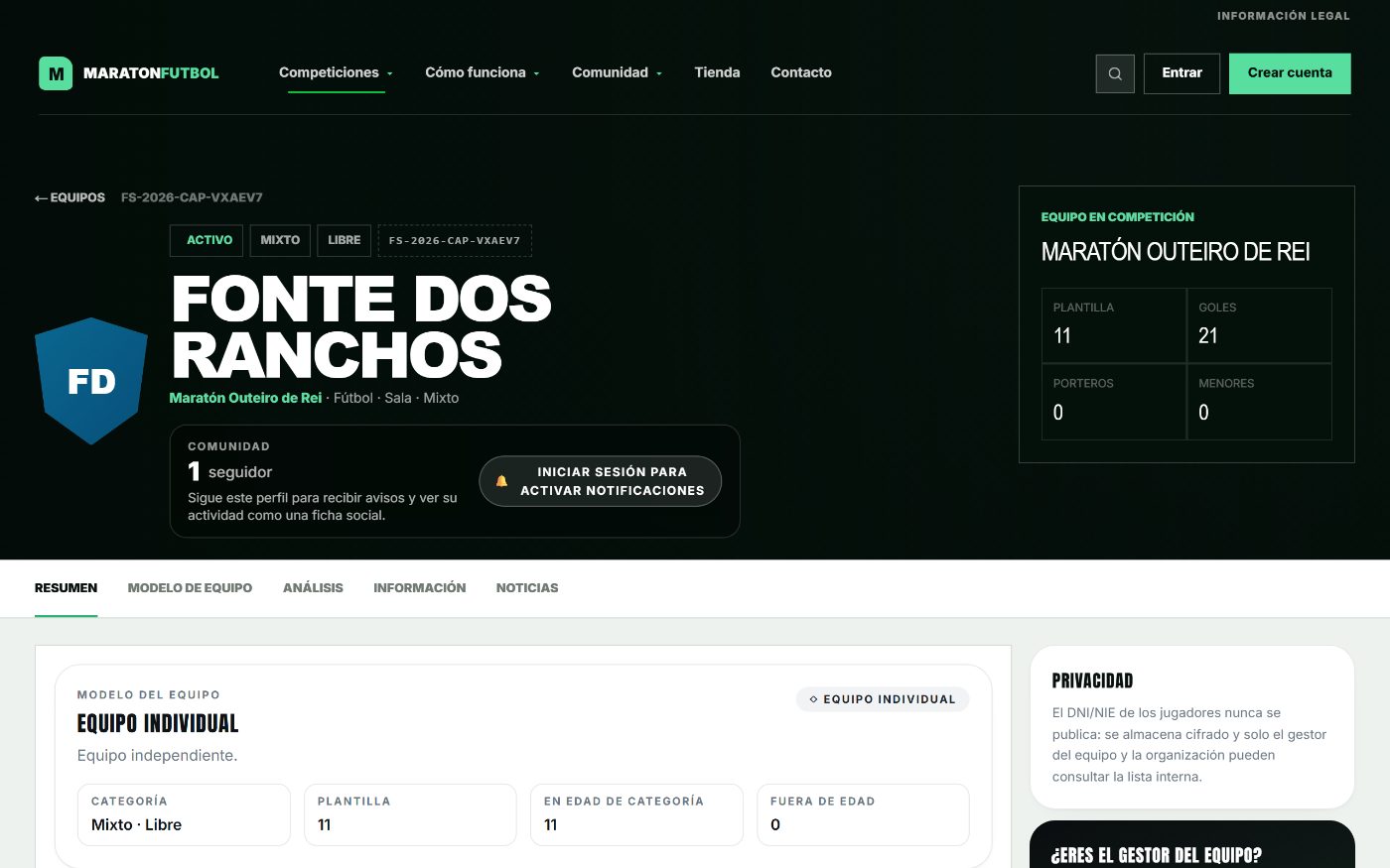 Ficha pública de un equipo en MaratonFutbol.com: escudo, nombre, torneo, seguidores y cifras de la plantilla.