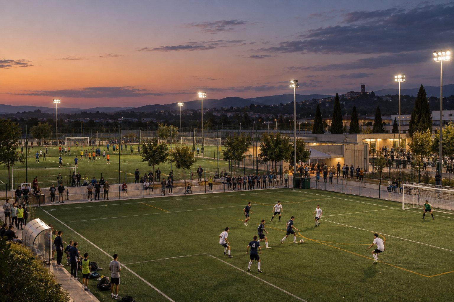 Torneo de fútbol con jugadores y público alrededor del campo